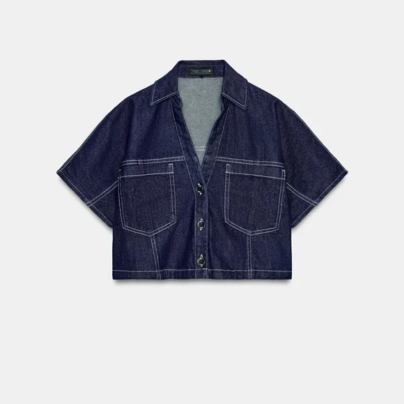Zara Dark Blue Cropped Denim Button-Down Shirt - Picture 4 of 4